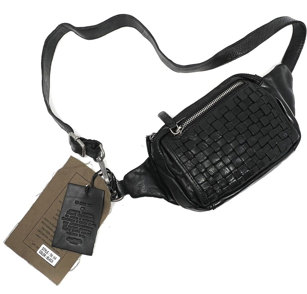 Vilenca Holland Woven Leather Sling Fanny Hip Sack Belt Bag Pack Black TK#9